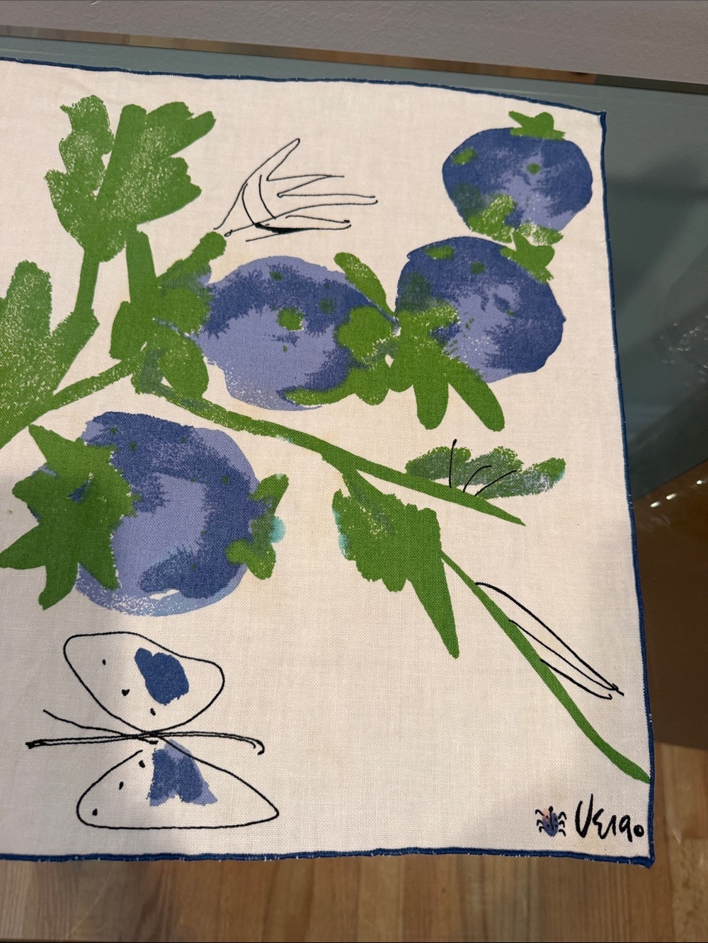 VTG Vera Neumann Blueberry Linen Napkin Blue Fruit Green Leaves Signed Ladybug. - Picture 5 of 12
